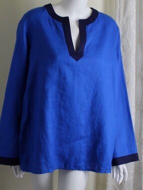 Ralph Lauren Sz M Blue Navy 100% Linen Beautiful Vibrant V-Neck Tunic Shirt Top
